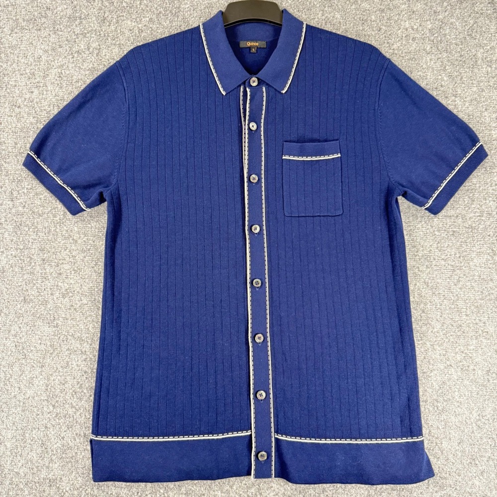 Quince Silk Cotton Knit Polo Shirt Men Large Blue Short Sleeve Button Front Rib